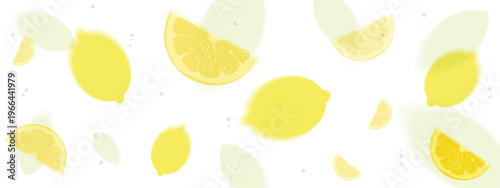 Lemons and lemon slices on a white background. Horizontal vector banner in a minimalist abstract style for summer drinks, cosmetics, and fresh products design.