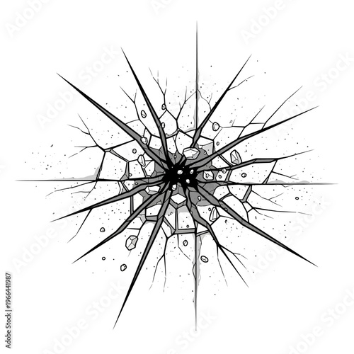 Cracks spread outward in a wall with sharp lines, creating a broken effect in bold line art.