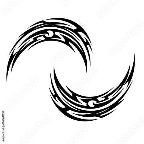 A curved tribal pattern with pointed ends features a high contrast vector design.