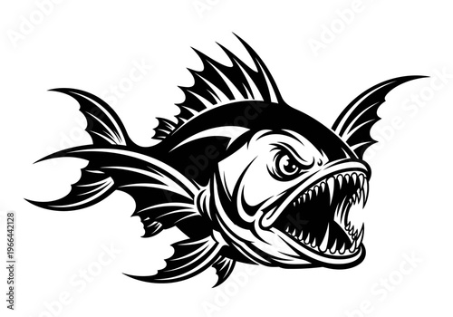 Aggressive fish with open mouth and sharp teeth illustrated in bold black ink on white background