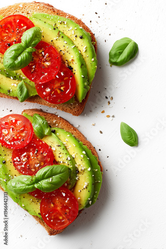 Slices of whole grain bread topped with fresh avocado, juicy tomatoes, and basil leaves. The arrangement is vibrant and healthy, perfect for a nutritious snack or breakfast.