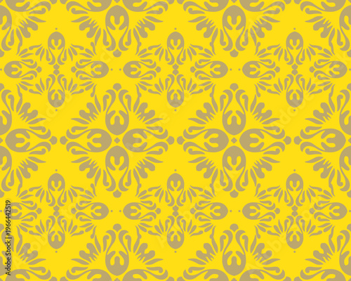 A sophisticated seamless vector pattern featuring diamond-arranged damask ornaments. The design blends classic decorative flourishes with a vibrant mustard yellow and muted grey color palette.