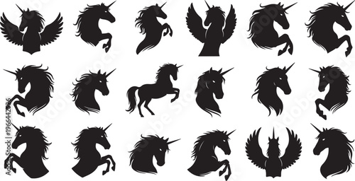 Collection of black unicorn and pegasus silhouettes on white background