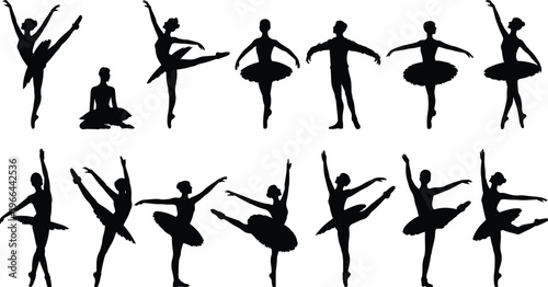 Ballet dancers silhouette collection, graceful poses, classical dance art, black figures, isolated set, performance movement, elegant choreography, studio design, vector