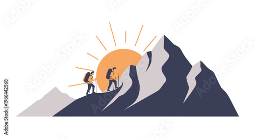 Two hikers climb mountain peaks at sunrise with backpacks and trekking poles.