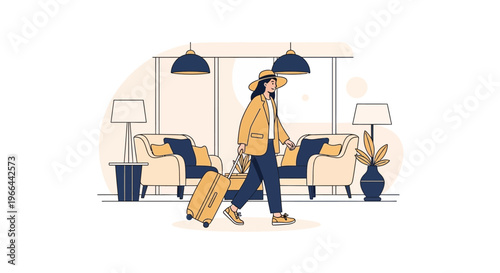 A traveler walks with luggage through a modern hotel lobby interior with furniture.