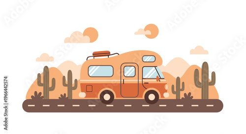 An orange camper van drives down a desert road with cacti and clouds in the background