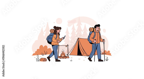 Camping couple hiking with tent and gear in nature