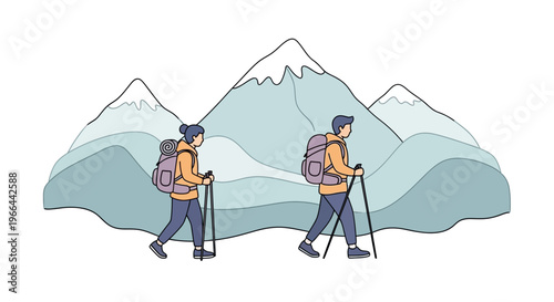 Two hikers with trekking poles and backpacks hiking towards snow-capped mountains
