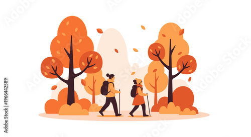 Hikers walking through an autumnal forest with orange trees and leaves