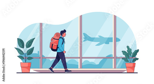 Man with backpack walking through airport terminal with airplane outside window and plants