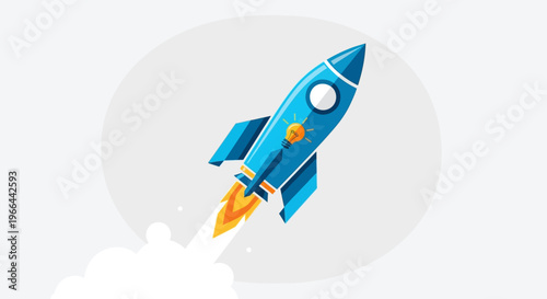 Blue rocket ship with flames.