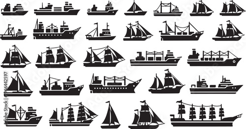 Collection of various sailboats and ships in black silhouette style