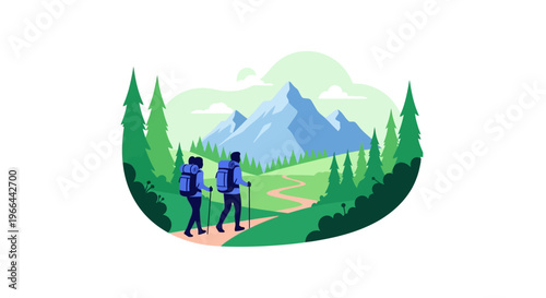 Hikers walking on a winding trail through a forest towards mountains with backpacks and trekking poles on a sunny day.