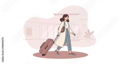 Woman walks with suitcase in airport terminal