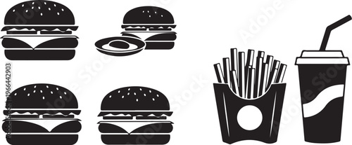 Fast Food Icons Set with Burgers and Fries and Drink