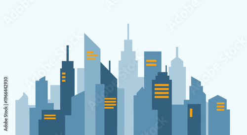 City skyline with tall buildings.