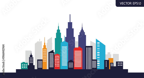 City skyline with tall buildings.