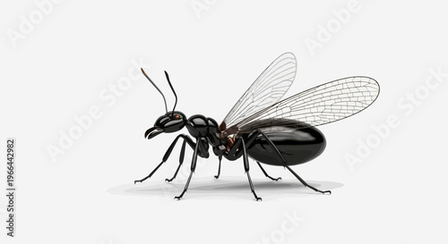 Closeup of a black wasp insect.