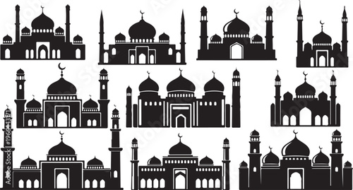 Collection of mosque silhouettes in black and white vector graphics