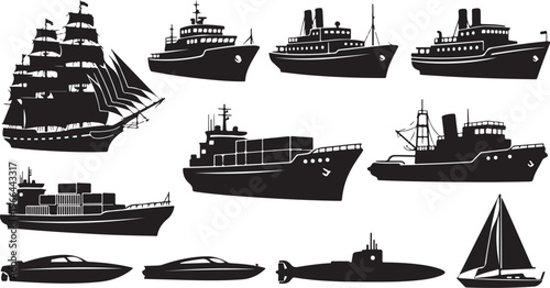 Collection of various ship and boat silhouettes on white background