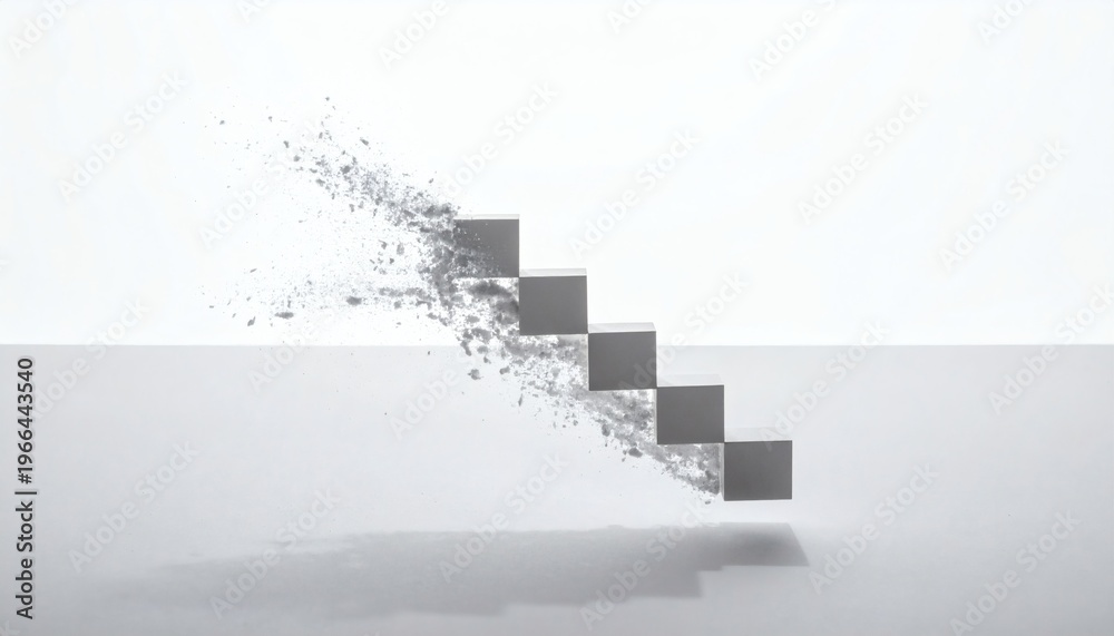 Fototapeta premium Dissolving white cube stairs on minimalist background, conceptual breakdown and transformation