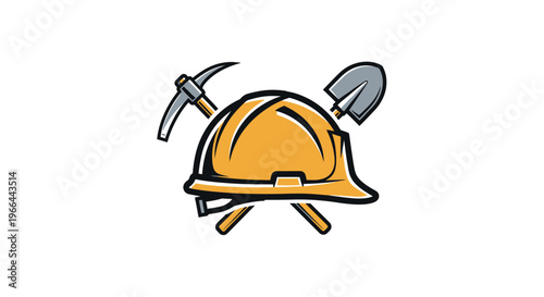 Mining helmet with pickaxe and shovel.