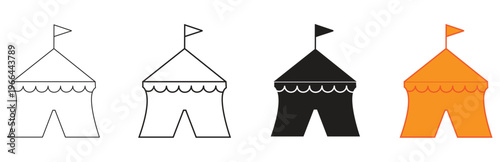Set of four distinct circus tent icons in various styles, including detailed outlines and solid silhouettes, ideal for carnival, festival, and entertainment event designs.