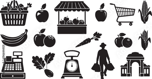 Grocery shopping icons and supermarket elements in black and white