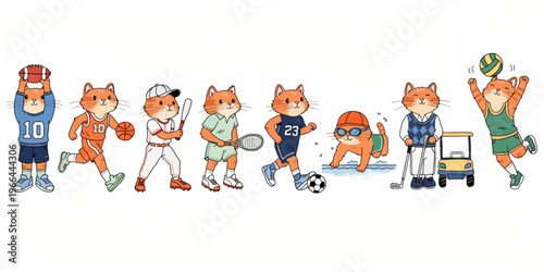  Set of funny cartoon cute Cat animals in playful sports vector style featuring smiling characters for kids toy illustration collection