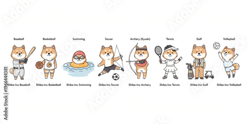   Set of funny cartoon cute Shiba Inu animals in playful sports vector style featuring smiling characters for kids toy illustration collection