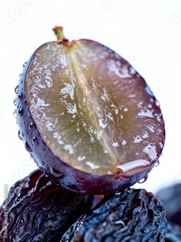 Macro close up of fresh grape half with water droplets