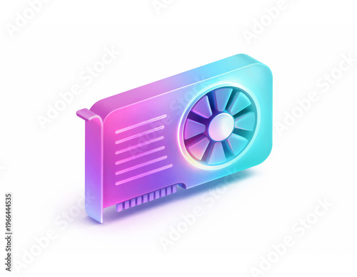 Wallpaper Mural Glossy 3D graphics card icon with a large cooling fan and pink‑purple‑cyan gradient, representing modern GPU hardware for gaming, rendering and digital performance. Torontodigital.ca