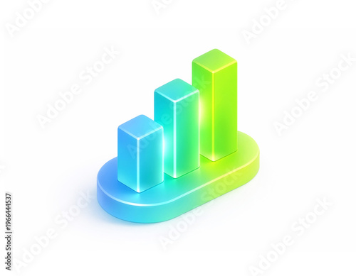 Wallpaper Mural Glossy 3D bar chart with three ascending rectangular bars in a blue‑to‑green gradient on an oval base, symbolizing growth, progress, and modern data visualization. Torontodigital.ca