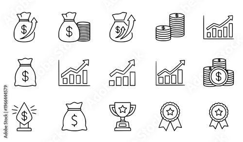 Finance and Business Growth Line Icon Set Featuring Money Bags, Coins, Profit Charts, Investment Trends, Awards, and Economic Success Symbols for Financial Design