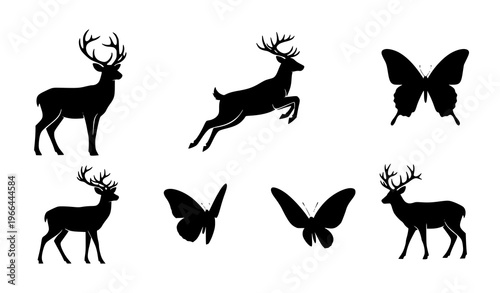 Wildlife Silhouette Icon Set Featuring Deer in Standing and Jumping Poses with Butterfly Collection for Nature, Forest, Animal, and Outdoor Design