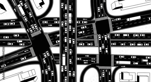 Aerial View of Busy Highway Interchange with Traffic Congestion.
