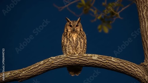 Owl perched on tree branch at night.