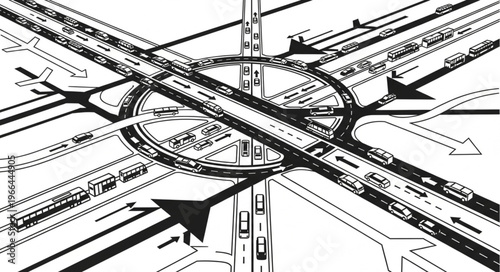 Aerial View of Complex Highway Interchange with Traffic Flow.