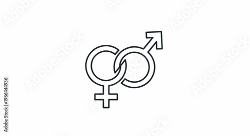 A minimalist line art icon depicting interlocked male and female gender symbols on a white background with a simple, modern design.