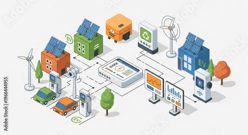 Isometric Smart City with Renewable Energy and Electric Vehicles.