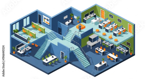 Isometric Office Space with Multiple Levels and Workstations.