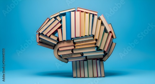 A creative arrangement of books forming a brain on a blue background