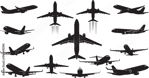 Collection of airplane silhouettes in various flight positions and angles