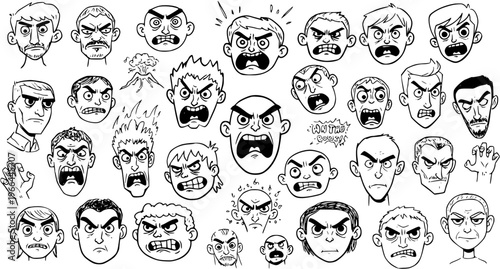 Angry Faces Black and White Line Art Cartoon Vector Illustration Set for Human Emotion and Character Design Concepts