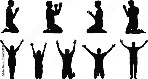 Silhouette of people praying kneeling raising hands in worship spiritual devotion faith religion isolated black figures on white background concept