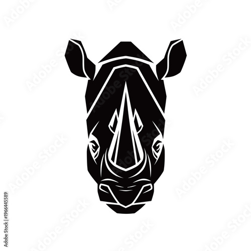 A striking black and white graphic illustration of a rhinoceros head.