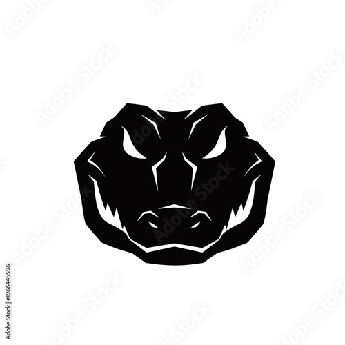 A fierce black alligator head logo with glowing white eyes on a white background.