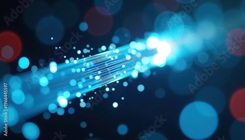Abstract glowing blue digital light stream with bokeh effects and digital particles on a dark background representing