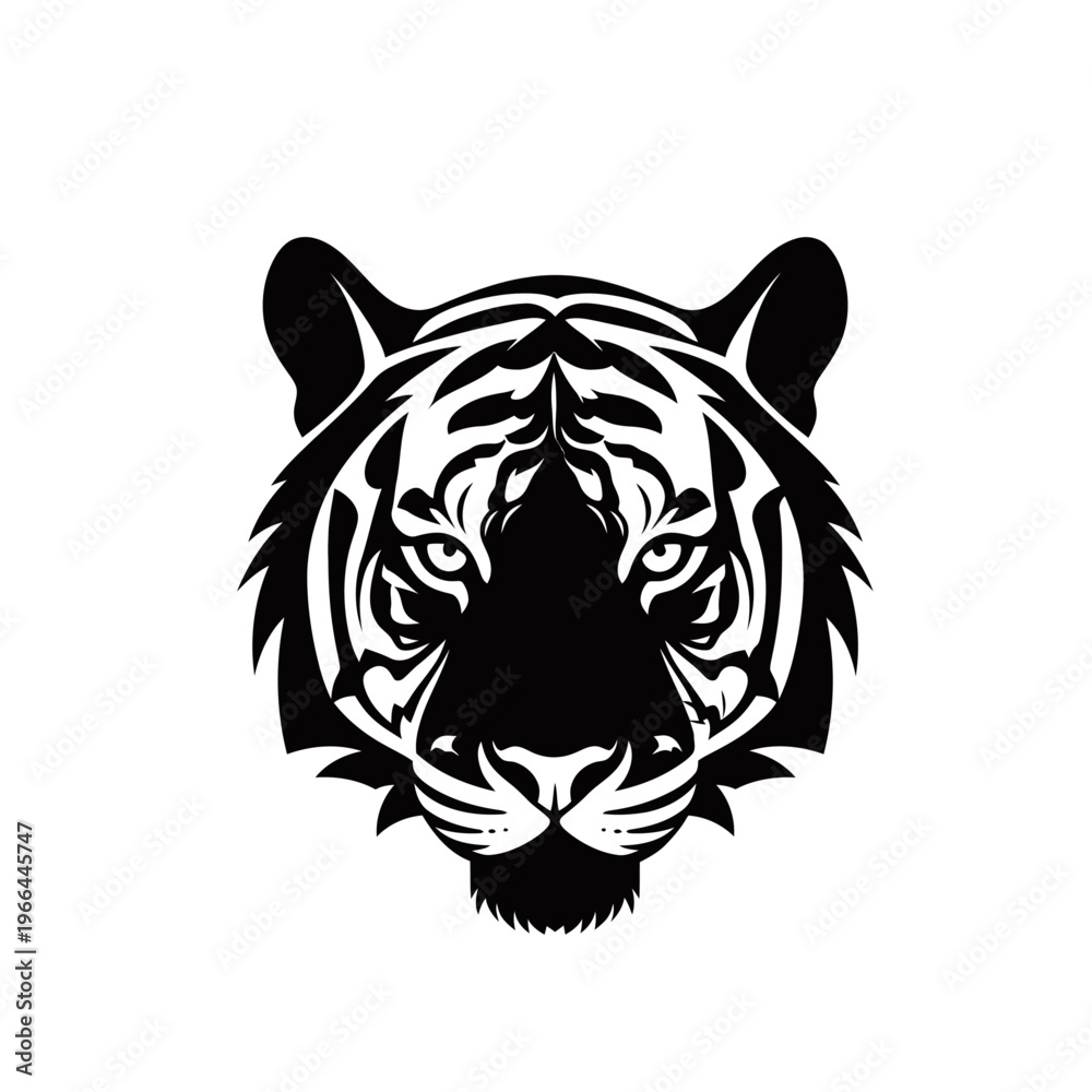 Fototapeta premium Striking black and white stylized tiger head logo illustration with fierce eyes and bold stripes.